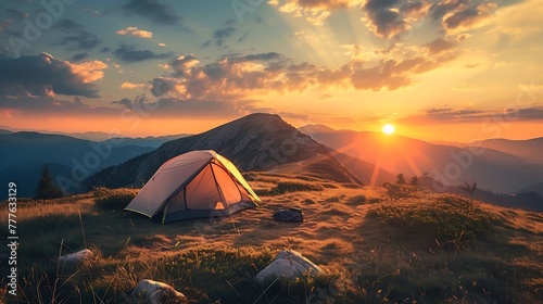 a serene campsite with a tent situated on a mountain ridge, illuminated by the warm colors of the setting sun attractive look photo