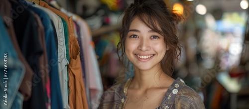 A young Chinese woman confidently smiles as she stands in front of a rack filled with various pieces of clothing.