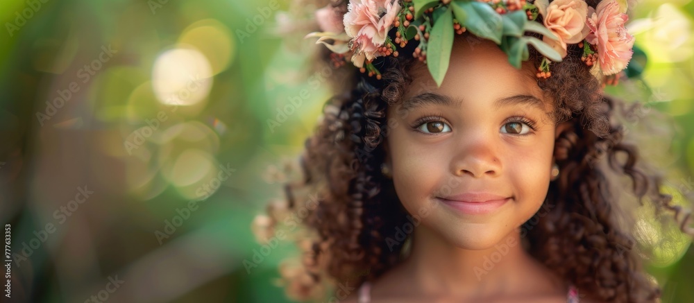Curly-haired young girl smiling, wearing a flower crown on her head. Curly-haired young girl smiling, wearing a flower crown on her head.