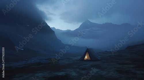 a serene moment in nature with a tent set against a mountain backdrop, illuminated by the fading light of the sun as it sets attractive look
