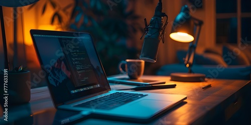 a photo of an open laptop with podcast microphone on top, on the desk, dark light from lamp.