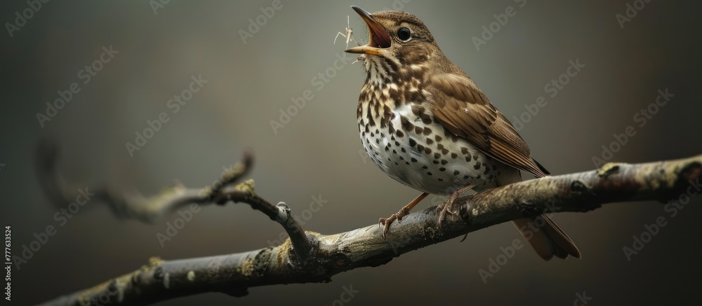 A song thrush, scientifically known as Turdus philo, sits atop a tree branch. The birds brown and white feathers stand out against the natural backdrop. A song thrush, scientifically known as Turdus philo, sits atop a tree branch. The birds brown and white feathers stand out against the natural backdrop.