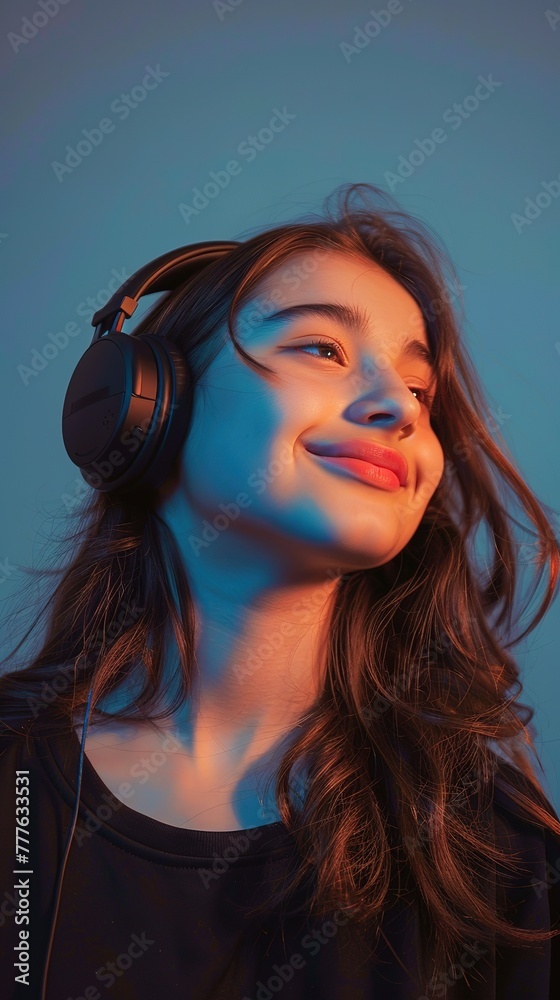 A stunning girl casting a glance sideways, headphones adorning her head, against a minimalist solid-colored background, real photo, stock photography generative ai