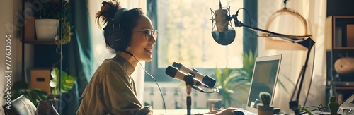 A woman is sitting at her desk, smiling and speaking into the microphone of an audio podcast studio with headphones on.  