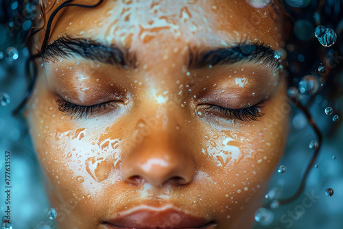 Close-up portrait of a woman with water droplets on their face, eyes closed in a peaceful expression