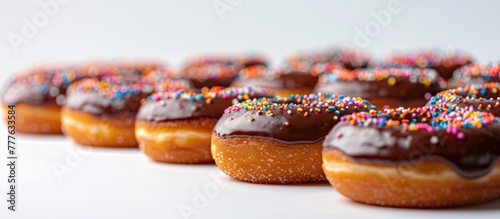 A row of freshly baked donuts with rich chocolate frosting and colorful sprinkles on top, creating a tempting display of sweet treats.