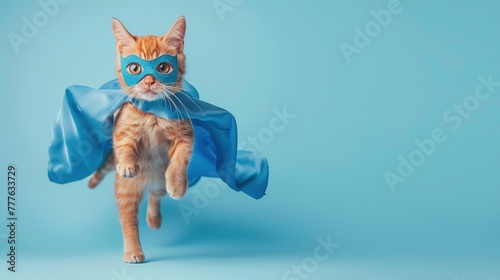 A superhero cat, adorned in a blue cloak and mask, leaps gracefully across a light blue backdrop, evoking a sense of courage and determination, real photo, stock photography ai generative