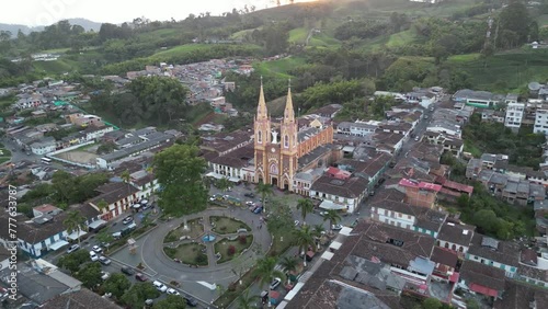 Church and central park of the andean town of Marsella in the department of Risaralda in the Colombian Coffee Triangle photo