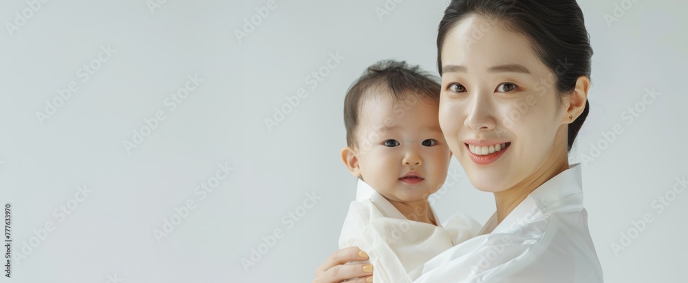 © Amonthep - Asian mom hold baby smile and kissing on baby cheek happiness moment together isolated on white background.