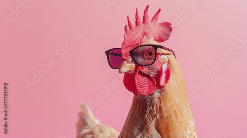 A playful and colorful photograph , showcasing a chicken hen with vibrant sunglasses against a vivid pastel background, exuding a sense of fun and eccentricity generative ai images photo