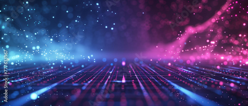 An abstract, digital illustration with sparkling blue and pink nodes on a grid, suggesting a dynamic, data-driven environment or a DJ's visual backdrop
