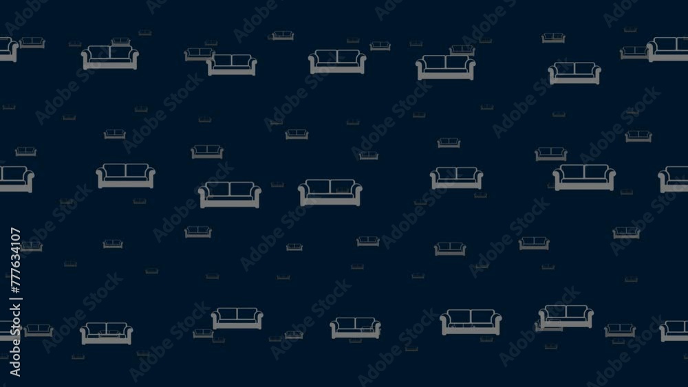 Sofa icons float horizontally from left to right. Parallax fly effect. Floating symbols are located randomly. Seamless looped 4k animation on dark blue background Sofa icons float horizontally from left to right. Parallax fly effect. Floating symbols are located randomly. Seamless looped 4k animation on dark blue background