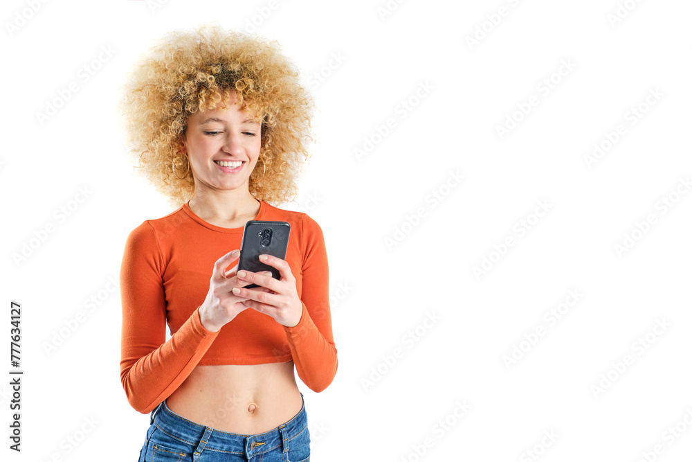young brazilian girl with blonde afro hair smiling using her smart phone on white background - obrazy, fototapety, plakaty 