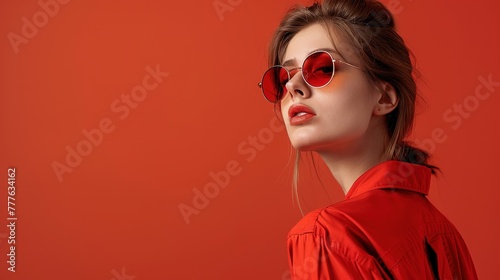 A stunning girl casting a glance sideways, headphones adorning her head, against a minimalist solid-colored background, real photo, stock photography  generative ai image