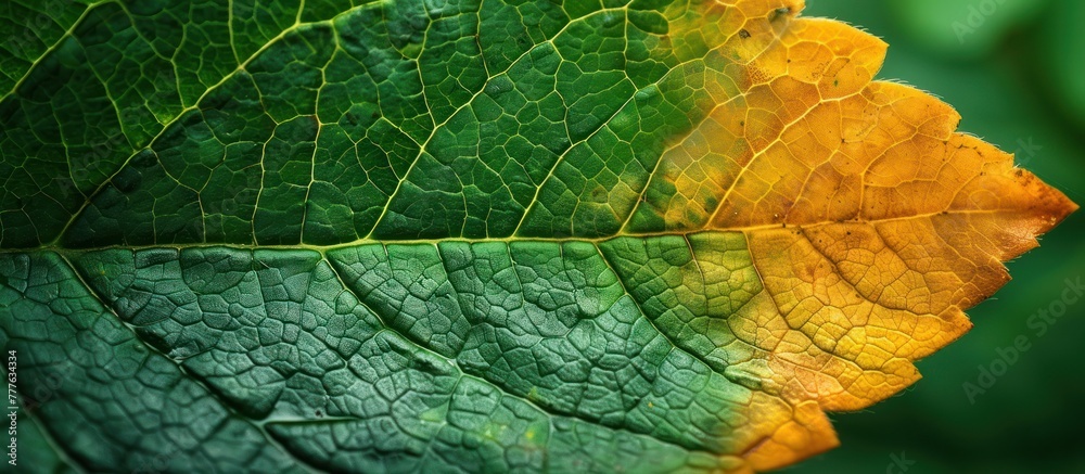 Fototapeta premium Detailed view of a single green and yellow leaf, showcasing its intricate veins and vibrant colors under natural light.