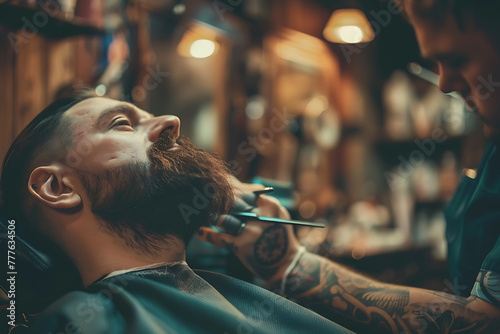 A skilled barber meticulously grooms a man's mustache in a chair, showcasing precision and expertise in facial hair styling