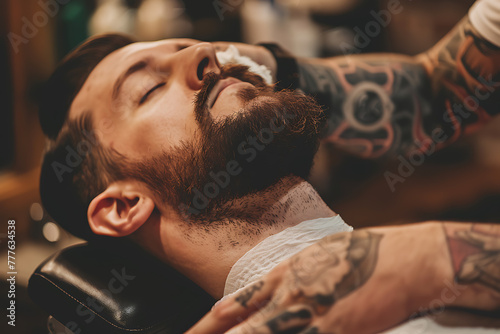 A skilled barber meticulously grooms a man's mustache in a chair, showcasing precision and expertise in facial hair styling