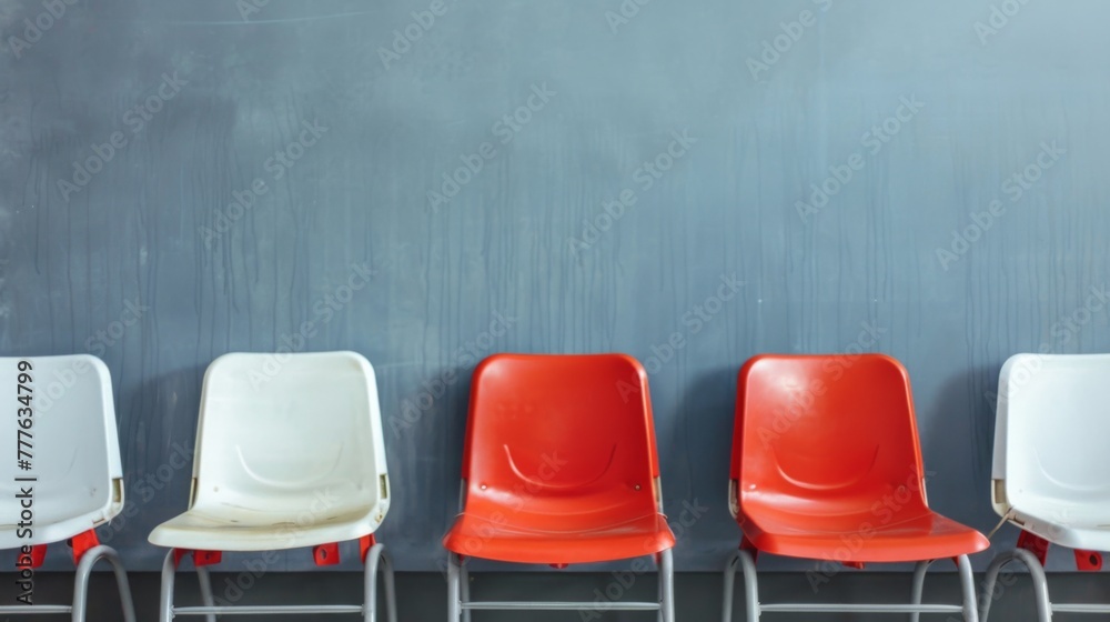 Row of Red and White Chairs Against Blue Wall Row of Red and White Chairs Against Blue Wall