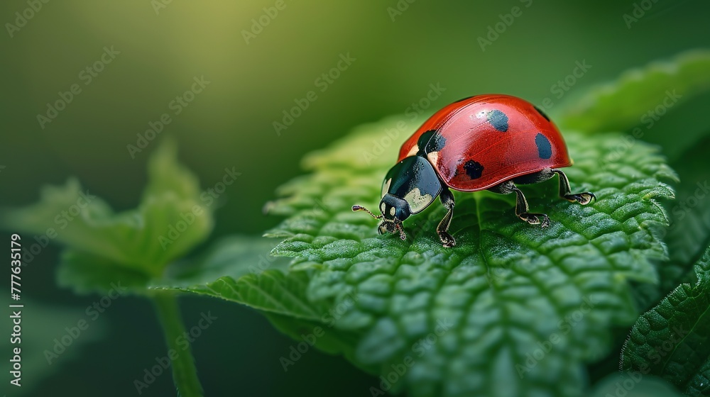 Naklejka premium Macro photography, a vibrant red ladybug adorned with delicate black spots leisurely crawling on a lush green leaf, Plenty of copy space ai generated high quality images