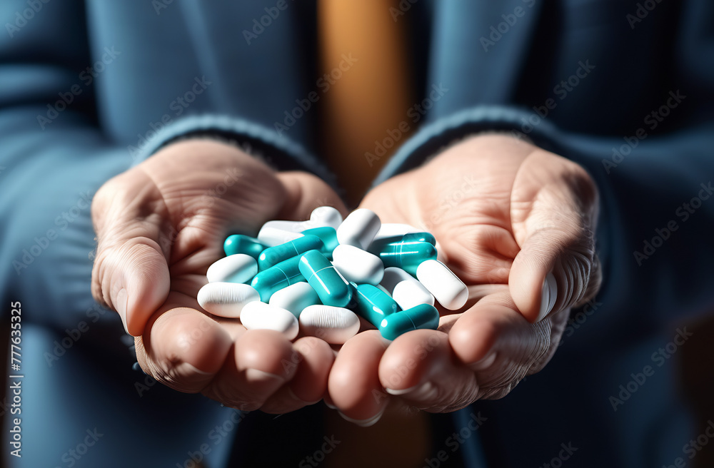 senior holding pills in hands