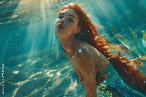 Lady with mermaid tail, the aquatic siren on bright background
