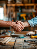 a homeowner and a contractor exchanging a handshake against the backdrop of a partially renovated room