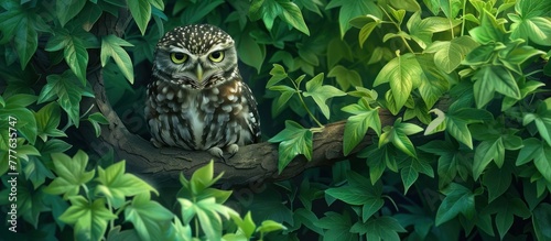 An owl perched on a tree branch, observing its surroundings with alert eyes. photo