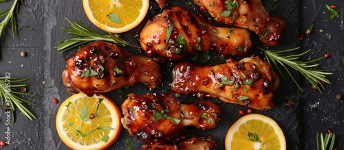 Chicken wings glazed in honey, served with fresh oranges and garnished with aromatic rosemary.