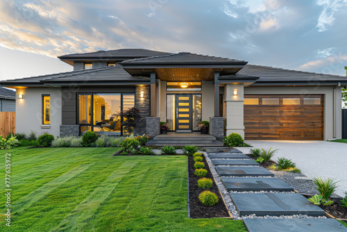A stunning front view of an elegant modern home with grey and wood accents, showcasing its large windows, modern garage door, green grass lawn, wooden walkway leading to the entrance. Created with Ai