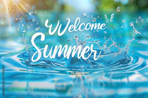 Water background with splashes and lettering Welcome Summer, greeting the summer season