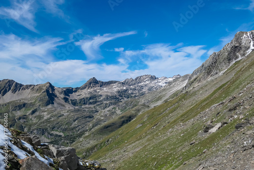 Panoramic view of majestic mountain peak Weissseekopf in remote High Tauern seen from Feldseekopf, Carinthia Salzburg, Austria. Idyllic hiking trail in Goldberg group in wilderness of Austrian Alps photo