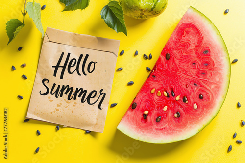 Yellow, bright background with a piece of juicy watermelon and the inscription Hello Summer, welcome summer banner