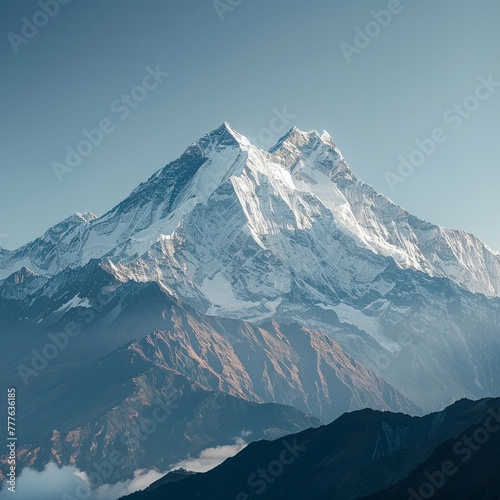 Snowcapped mountain peak, clear morning, telephoto, majestic isolation , low texture