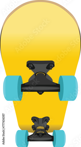 Shortboard skateboard type plywood deck with blue PU wheels and metal trucks front bottom view isolated on white cartoon style vector illustration