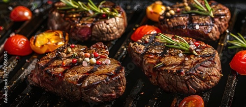 Beef steaks sizzle on the hot grill, surrounded by vibrant tomatoes and fresh herbs, creating a mouthwatering scene.