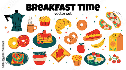  Breakfast food vector illustration set in cartoon style. Collection of meals: different fruits, scrambled eggs, sandwich, pancakes, croissant, pretzel, donuts, coffee. Tasty dishes sticker elements