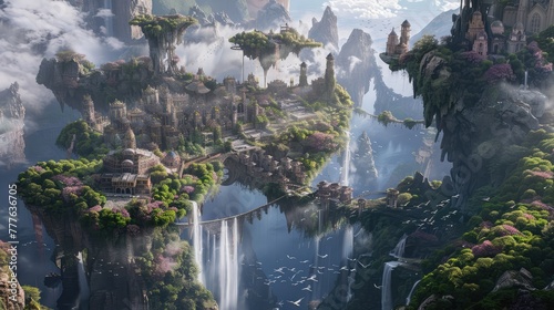 A fantastical realm of floating islands and mystical creatures, with cascading waterfalls and lush vegetation adorning the landscape,