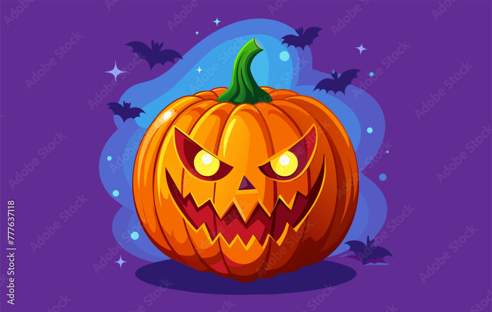 Carved Halloween pumpkin with a fierce face. Jack-o-lantern vector illustration. Isolated on purple background. Concept of Halloween, spooky decoration, trick or treat, festive decor, holiday