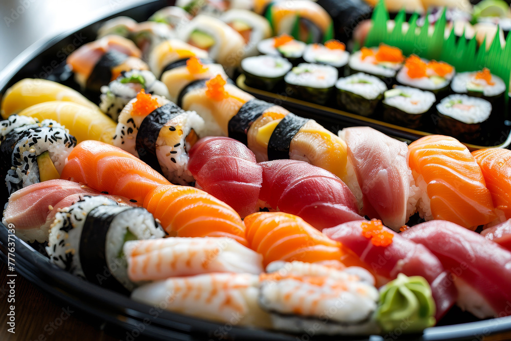 A tray of assorted sushi rolls, including some with avocado A tray of assorted sushi rolls, including some with avocado