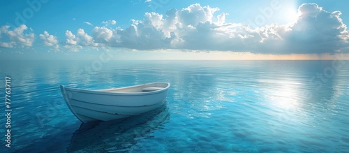 A small white boat peacefully floats on the vast body of water, creating a serene scene. © FryArt Studio
