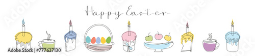 Easter Set in continuous one line style with design elements like Easter cakes with lit candles, wicker basket with painted eggs, steaming mugs. Happy Easter greeting. Festive food. Colorful vector