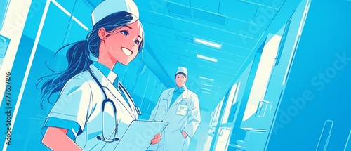 A nurse smiles reassuringly at a patient, her compassion a beacon in the sterile hospital hallways, photo