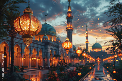 An enchanting mosque adorned with golden domes, illuminated by lanterns during the holy month of Ramadan. Created with Ai