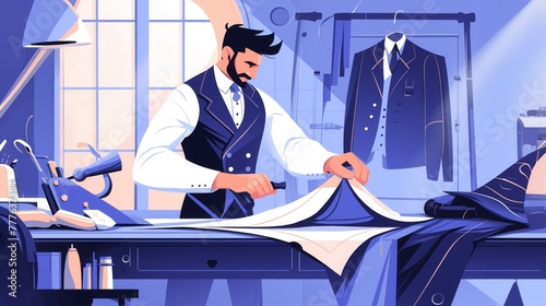 A bespoke tailor measures fabric for a custom suit, the shop an alcove of elegance and tradition,