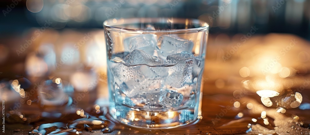 A glass filled with ice cubes is placed on a wooden table. A glass filled with ice cubes is placed on a wooden table.