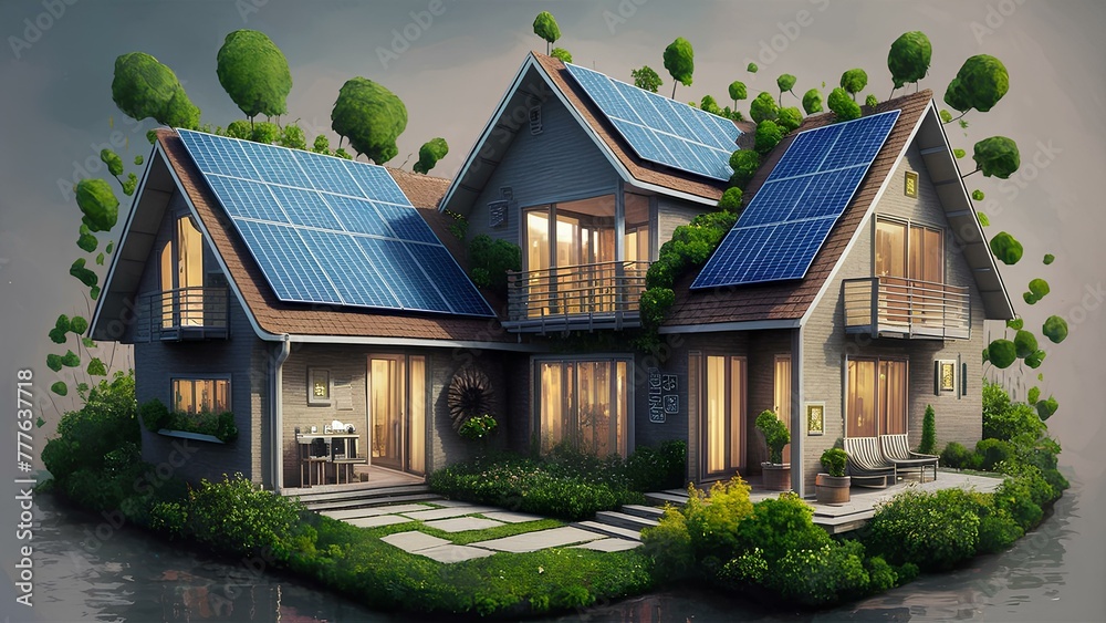 A realistic depiction of a sustainable home, featuring solar panels