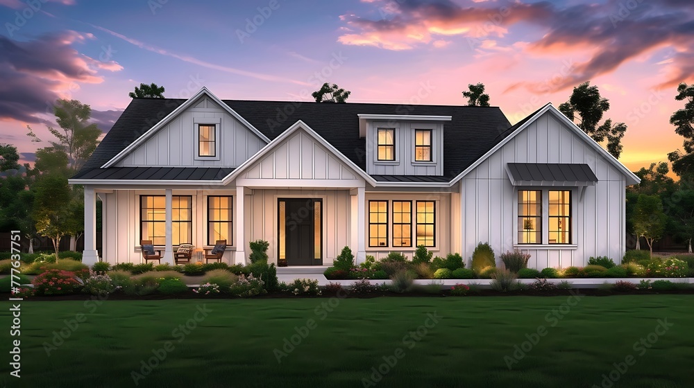 a sunset scene featuring a farmhouse ranch grey white siding and a black front door, emphasizing the warmth and charm of the home attractive look
