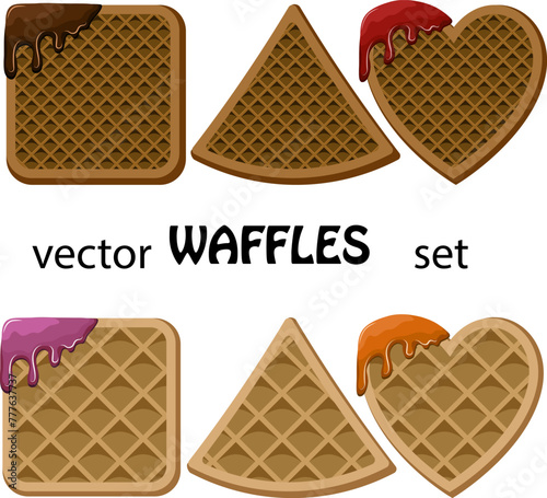 Figured waffles with jam.Collection of curly wafers with drips of cream on a transparent background with text.