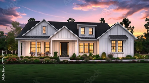 a sunset scene featuring a farmhouse ranch grey white siding and a black front door, emphasizing the warmth and charm of the home attractive look © Nafees
