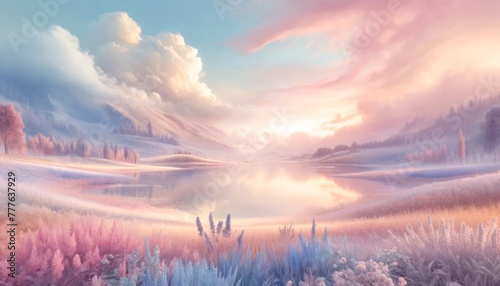 Fantasy landscape with lake and mountains in the background..